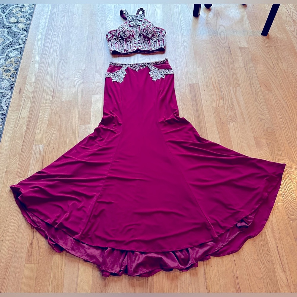 RACHEL ALLAN BURGUNDY WITH SILVER RHINSTONE/BEADS  TWO PIECE GOWN (12)